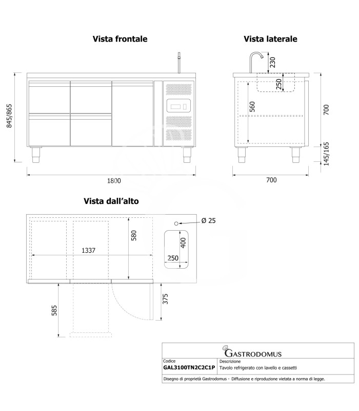Tavolo refrigerato 4 cassetti 1 porta con lavello, Prof. 700 mm, temp. +2°C/+8°C, completo di rubinetto