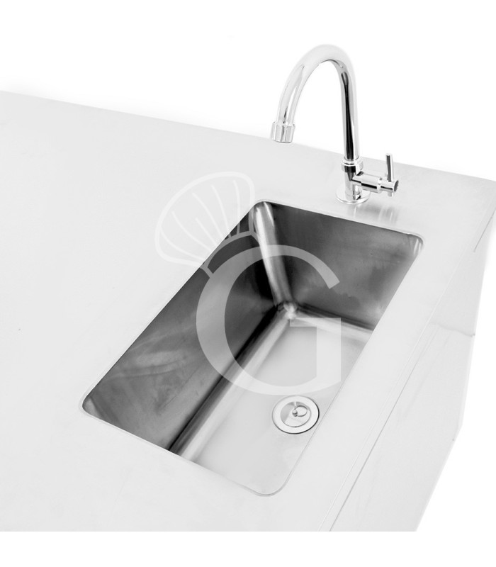 Tavolo refrigerato 3 cassetti a sinistra, 2 porte, lavello e rubinetto, P 700 mm, +2°C/+8°C