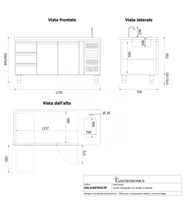 Tavolo refrigerato 3 cassetti a sinistra, 2 porte, lavello e rubinetto, P 700 mm, +2°C/+8°C