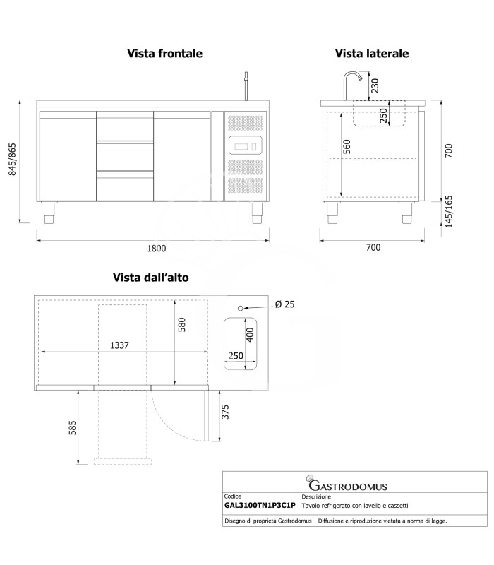 Tavolo refrigerato 3 cassetti centrali, 2 porte, lavello e rubinetto, P 700 mm, +2°C/+8°C