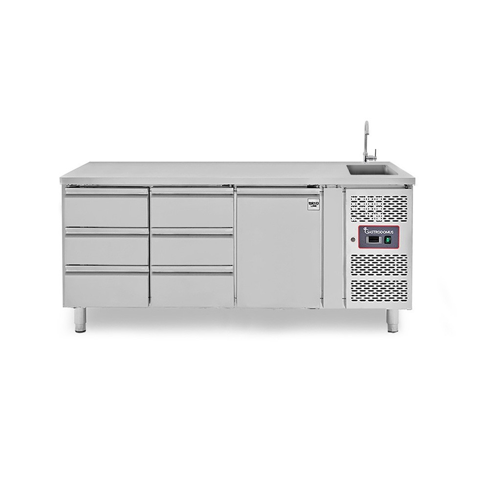 Tavolo refrigerato 6 cassetti da 1/3 a sinistra, 1 porta, lavello, rubinetto, P 700 mm, +2°C/+8°C