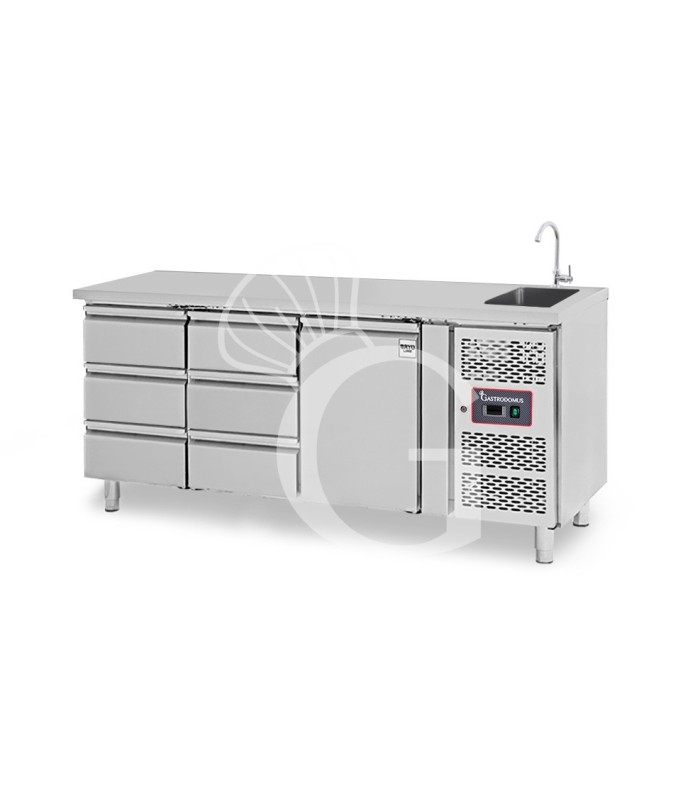 Tavolo refrigerato 6 cassetti da 1/3 a sinistra, 1 porta, lavello, rubinetto, P 700 mm, +2°C/+8°C