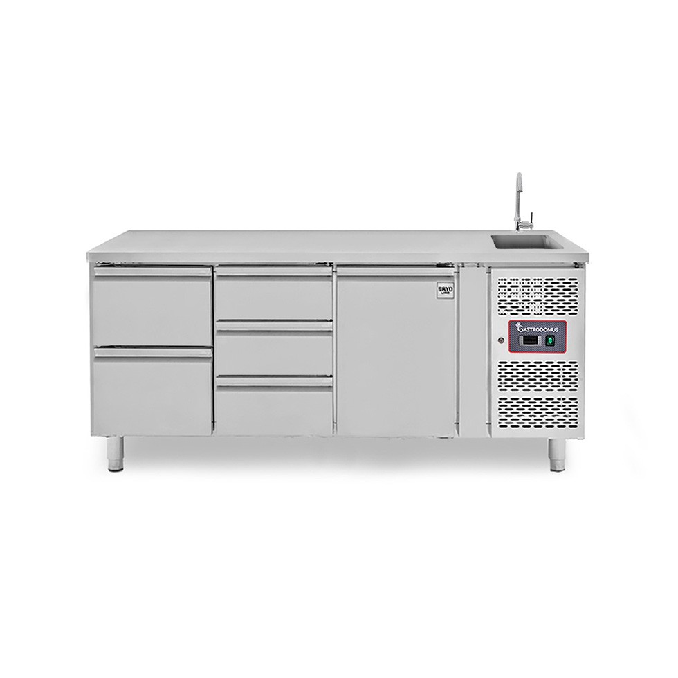 Tavolo refrigerato 5 cassetti 2+3 sinistra, 1 porta, lavello, rubinetto, P 700 mm, +2°C/+8°C
