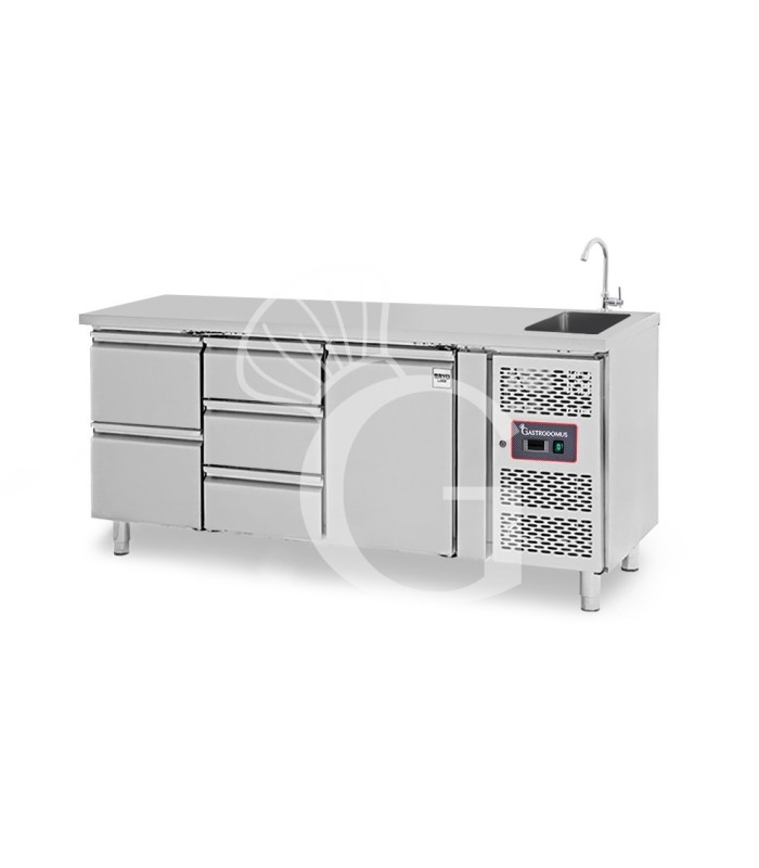 Tavolo refrigerato 5 cassetti 2+3 sinistra, 1 porta, lavello, rubinetto, P 700 mm, +2°C/+8°C