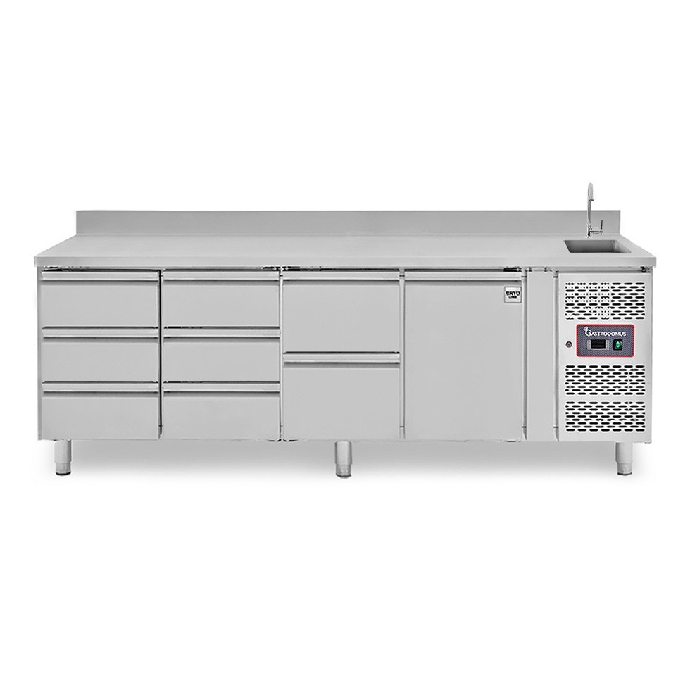 Tavolo refrigerato, 8 cassetti, 1 porta, lavello, rubinetto, alzatina, P 700 mm, +2°C/+8°C