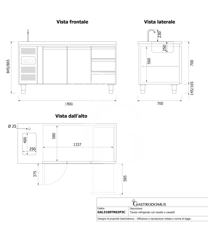 Tavolo refrigerato 3 cassetti a destra, 2 porte, lavello, motore a sinistra, P 700 mm, +2°C/+8°C
