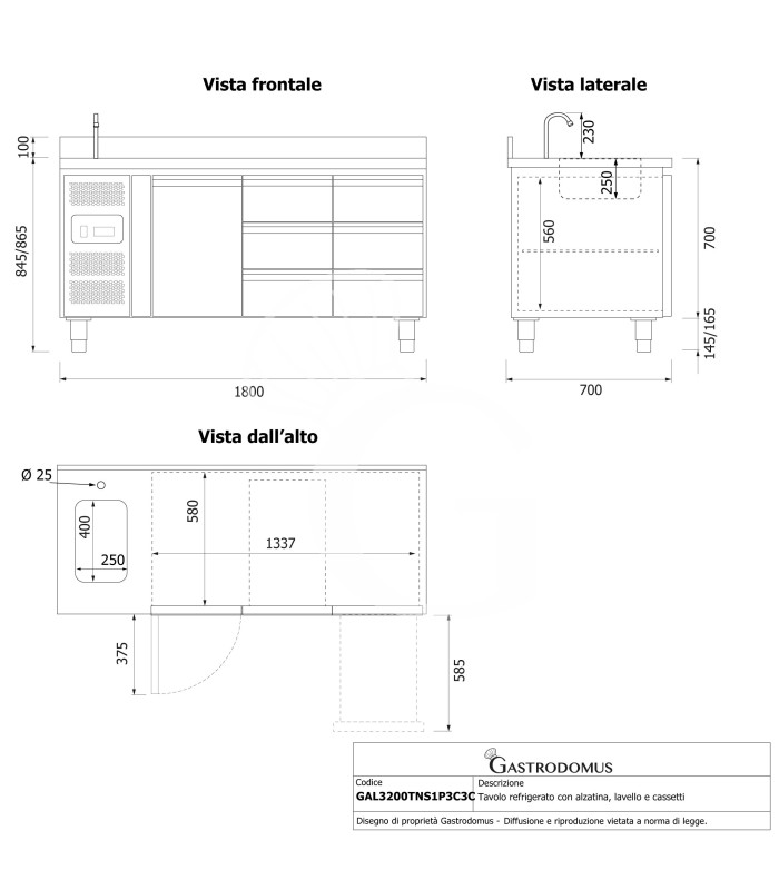 Tavolo refrigerato 6 cassetti da 1/2 a destra, 1 porta, lavello, rubinetto, alzatina,motore a sinistra, P 700 mm, +2°C/+8°C
