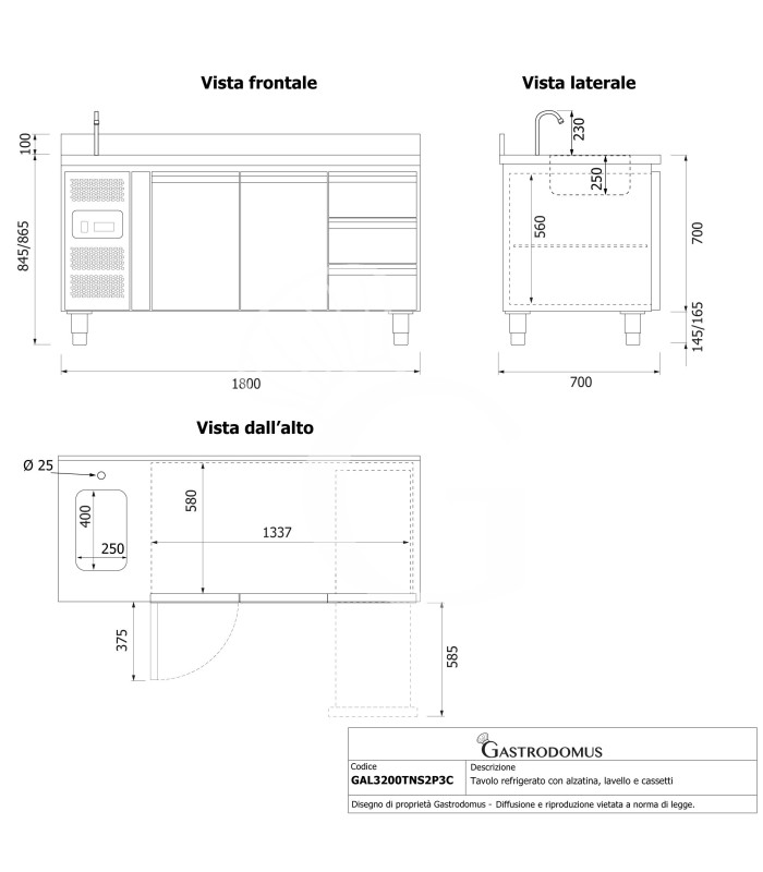 Tavolo refrigerato 3 cassetti a destra, 2 porte, lavello, rubinetto e alzatina, motore a sinistra P 700 mm, +2°C/+8°C