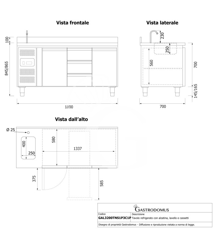Tavolo refrigerato 3 cassetti centrali, 2 porte, lavello, rubinetto e alzatina, motore a sinistra P 700 mm, +2°C/+8°C
