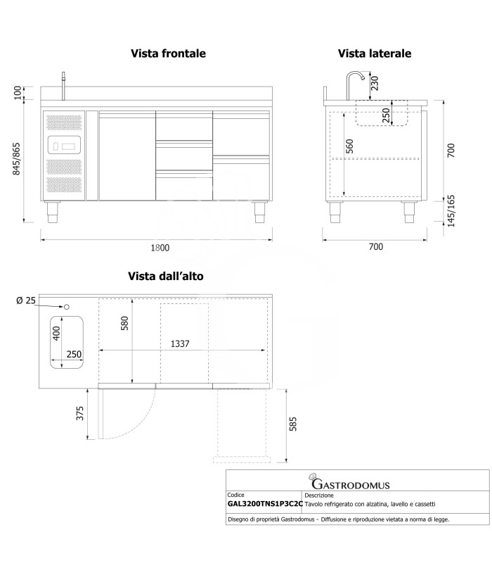 Tavolo refrigerato 5 cassetti 3+2 destra, 1 porta, lavello, rubinetto e alzatina, motore a sinistra, P 700 mm, +2°C/+8°C