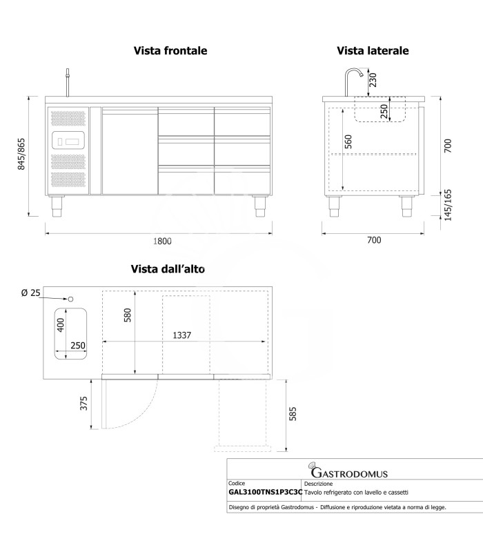 Tavolo refrigerato 6 cassetti a destra, 1 porta, lavello, rubinetto, motore a sinistra, P 700 mm, +2°C/+8°C