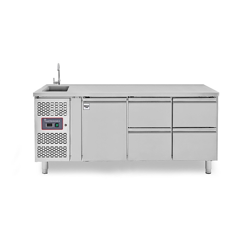 Tavolo refrigerato 4 cassetti 1 porta con lavello,motore a sinistra Prof. 700 mm, temp. +2°C/+8°C, con rubinetto