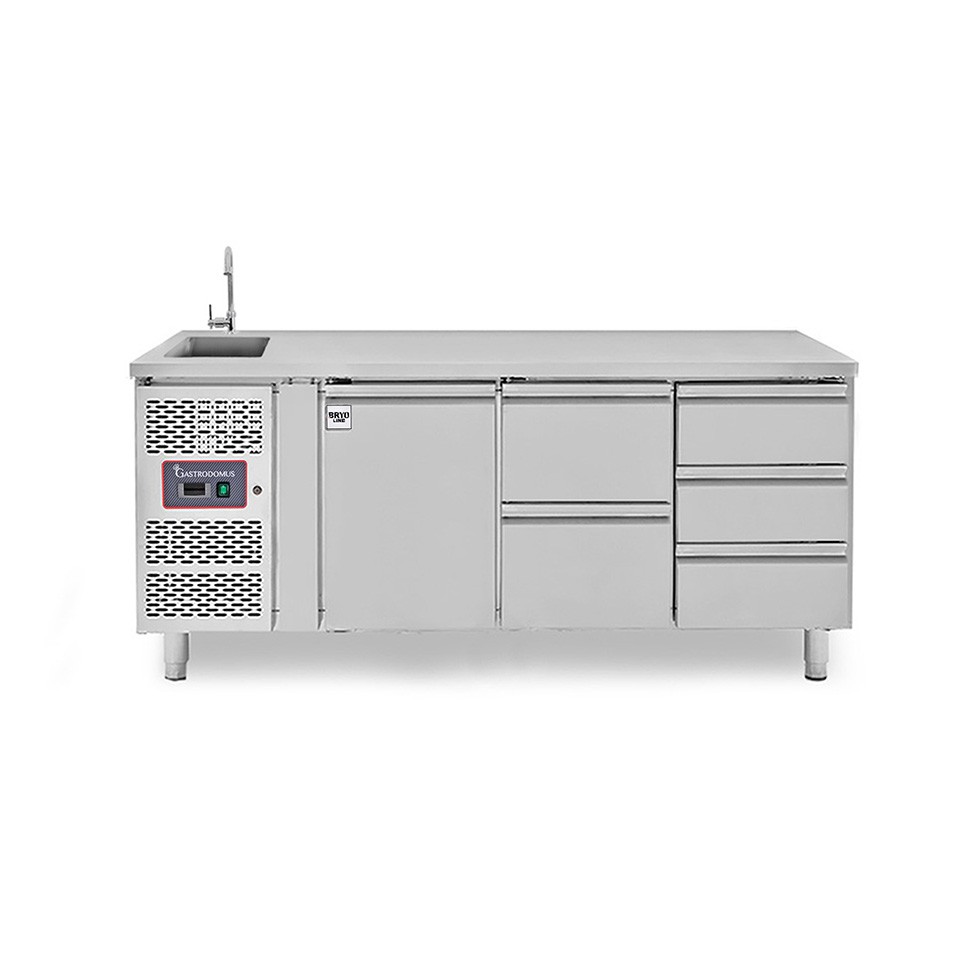 Tavolo refrigerato 5 cassetti 1 porta con lavello,motore a sinistra Prof. 700 mm, temp. +2°C/+8°C, con rubinetto