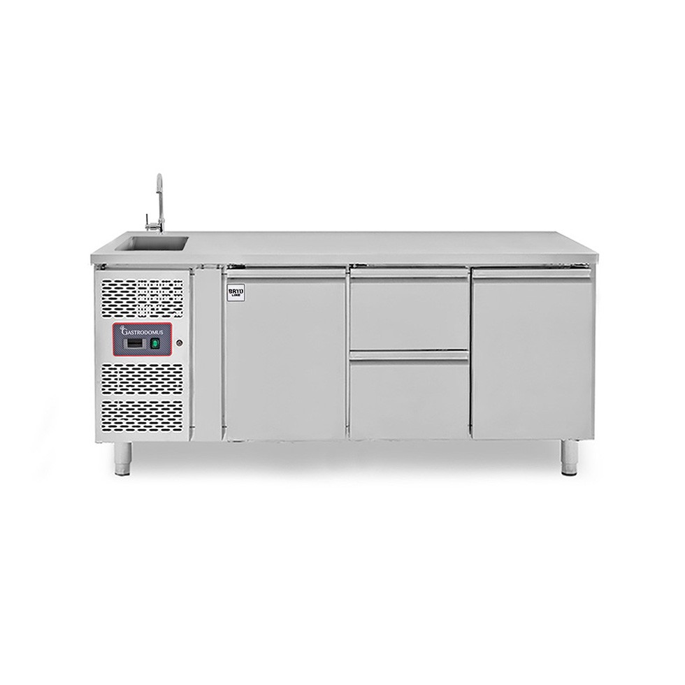 Tavolo refrigerato 2 cassetti centrali, 2 porte, lavello e rubinetto, motore a sinistra, P 700 mm, +2°C/+8°C