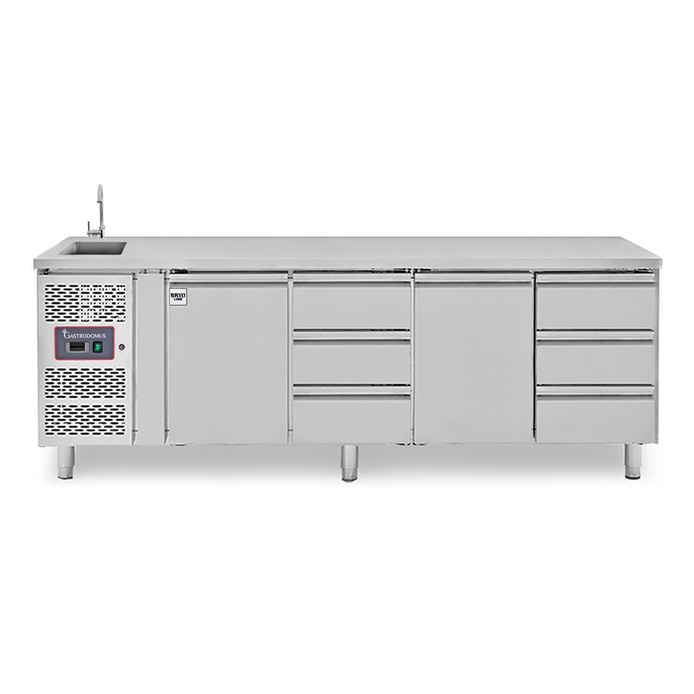 Tavolo refrigerato 6 cassetti + 2 porte, lavello, rubinetto, motore a sinistra, P 700 mm, +2°C/+8°C