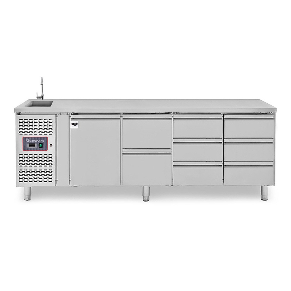 Tavolo refrigerato 6 cassetti da 1/3, 2 cassetti da 1/2, 1 porta lavello, rubinetto, P 700 mm, +2°C/+8°C, motore a sinistra