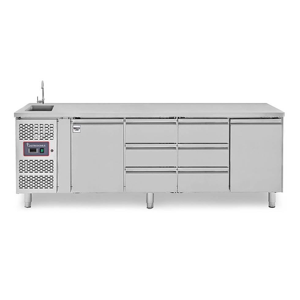 Tavolo refrigerato 6 cassetti centrali, 2 porte, lavello, rubinetto, motore a sinistra, P 700 mm, +2°C/+8°C