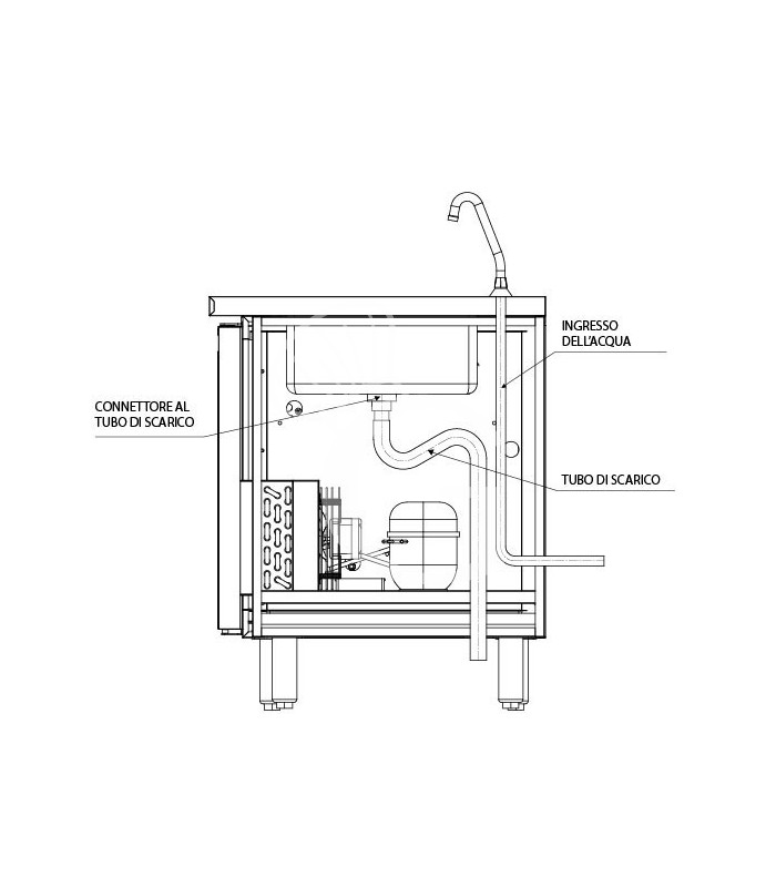 Tavolo refrigerato 6 cassetti centrali, 2 porte, lavello, rubinetto, motore a sinistra, P 700 mm, +2°C/+8°C