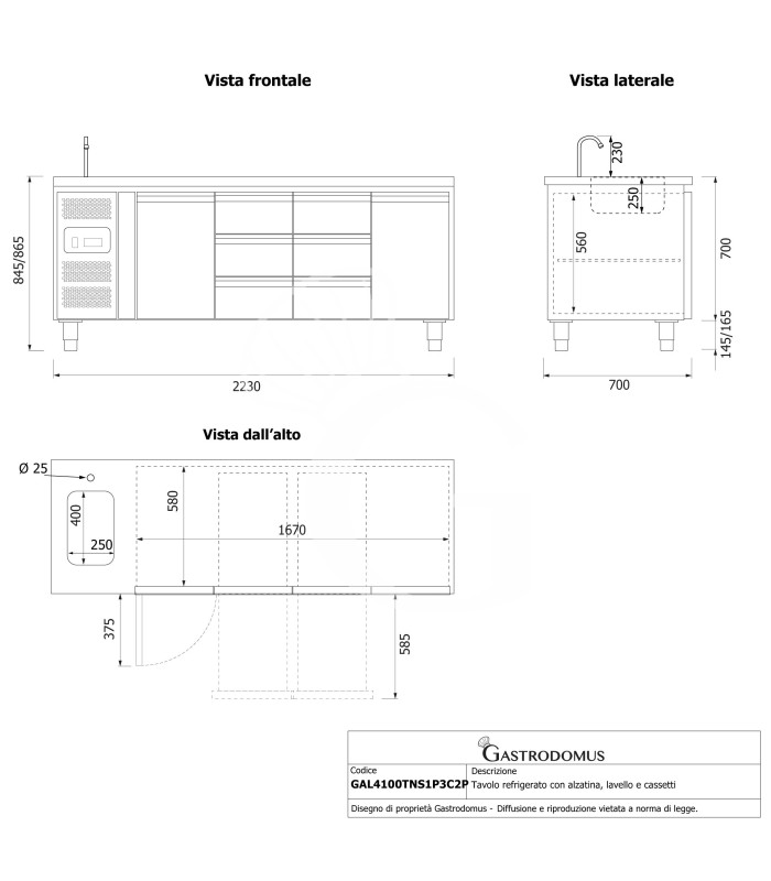 Tavolo refrigerato 6 cassetti centrali, 2 porte, lavello, rubinetto, motore a sinistra, P 700 mm, +2°C/+8°C