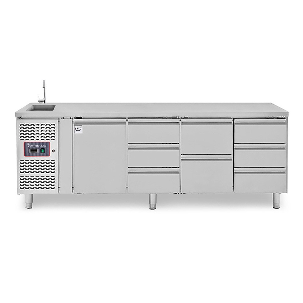 Tavolo refrigerato 1 porta, 8 cassetti,  rubinetto, lavello, P 700 mm, +2°C/+8°C, motore a sinistra