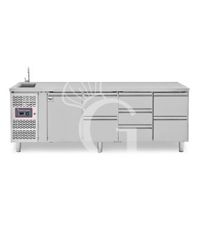 Tavolo refrigerato 1 porta, 7 cassetti, lavello, rubinetto, motore a sinistra, P 700 mm, +2°C/+8°C