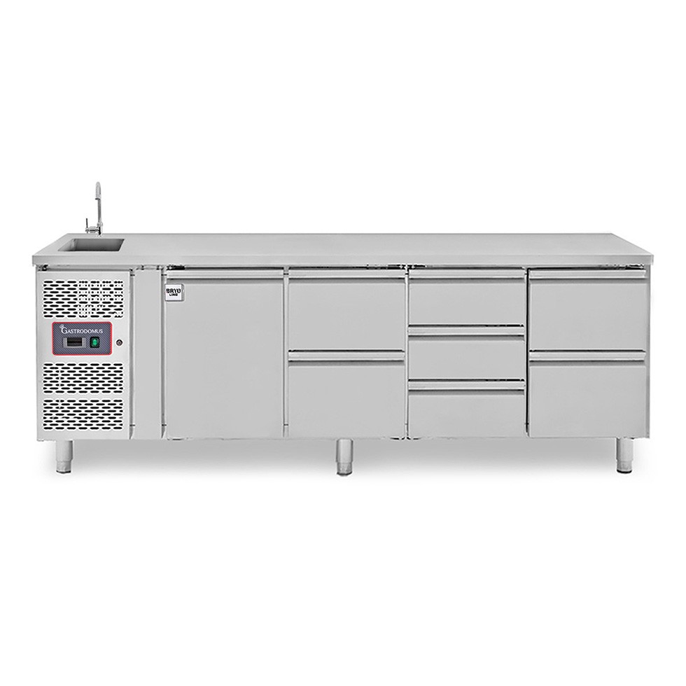 Tavolo refrigerato 1 porta, 7 cassetti, lavello, rubinetto, motore a sinistra, P 700 mm, +2°C/+8°C