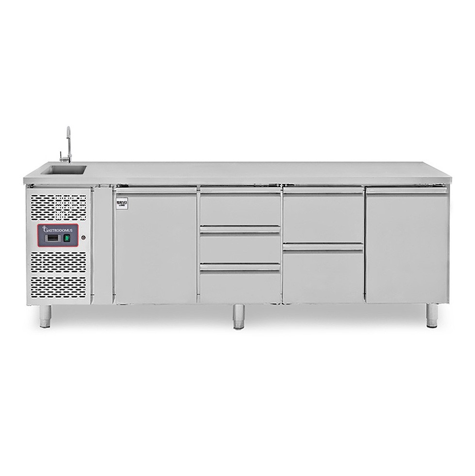 Tavolo refrigerato 5 cassetti centrali, 2 porte, lavello e rubinetto, motore a sinistra P 700 mm, +2°C/+8°C