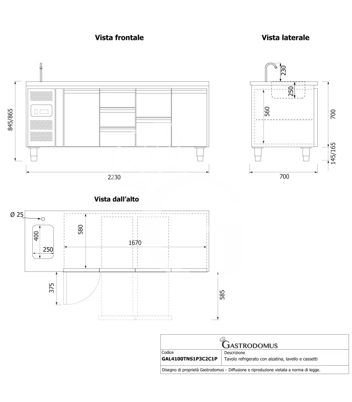 Tavolo refrigerato 5 cassetti centrali, 2 porte, lavello e rubinetto, motore a sinistra P 700 mm, +2°C/+8°C