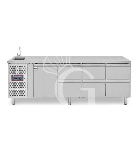 Tavolo refrigerato 6 cassetti da 1/2, 1 porta, lavello, rubinetto, motore a sinistra, P 700 mm, +2°C/+8°C