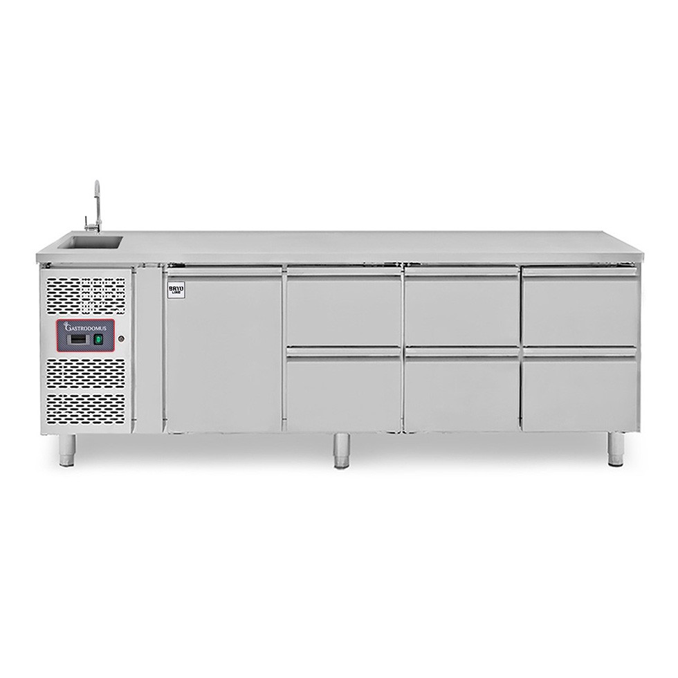 Tavolo refrigerato 6 cassetti da 1/2, 1 porta, lavello, rubinetto, motore a sinistra, P 700 mm, +2°C/+8°C