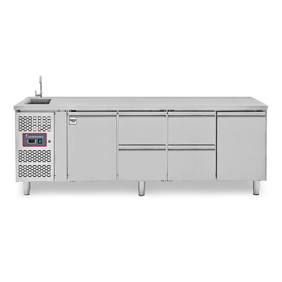 Tavolo refrigerato 4 cassetti, 2 porte, lavello e rubinetto, motore a sinistra, P 700 mm, +2°C/+8°C