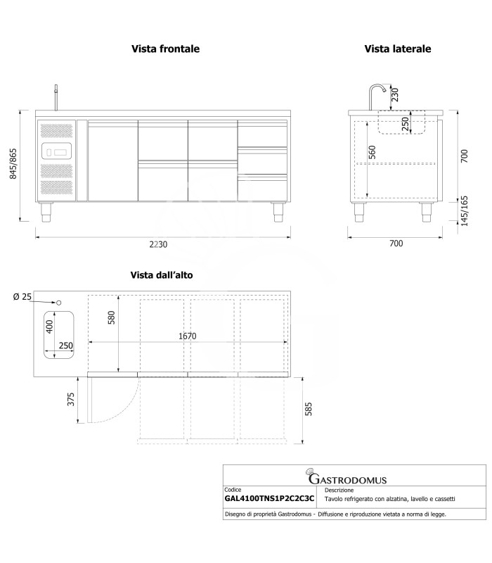 Tavolo refrigerato 7 cassetti, 1 porta. lavello, rubinetto, motore a sinistra, P 700 mm, +2°C/+8°C