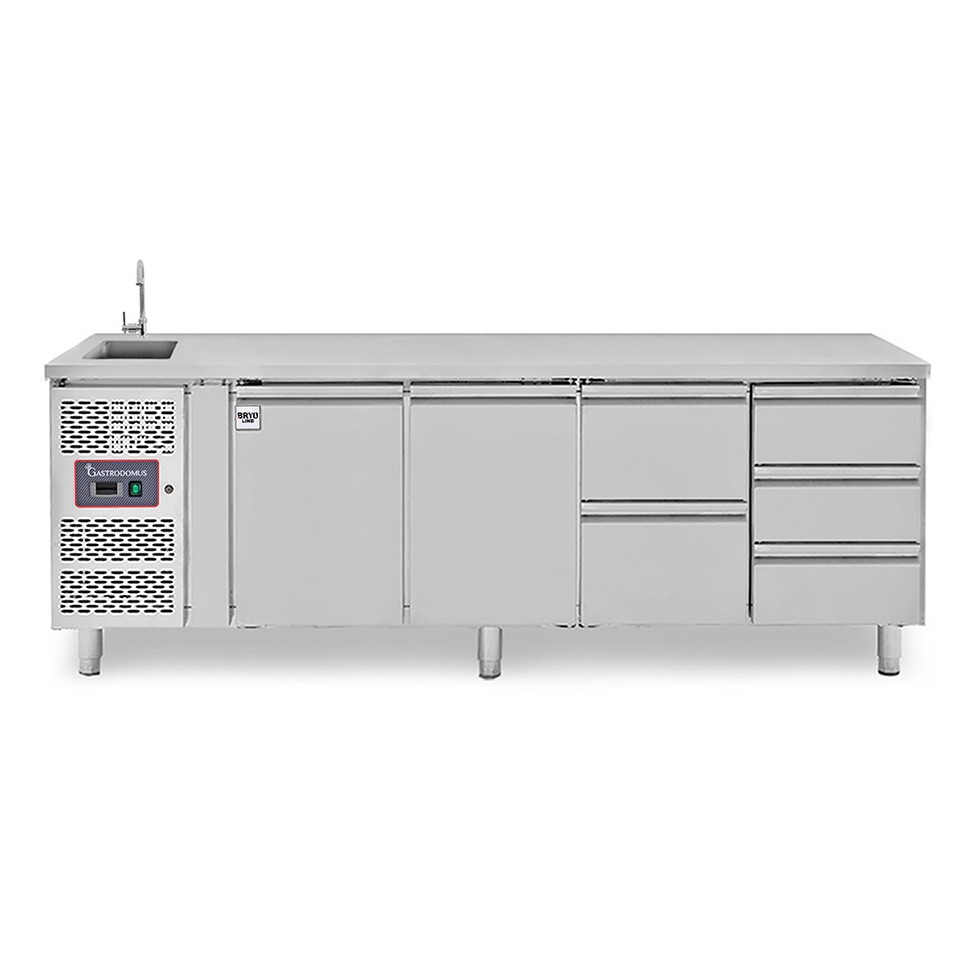 Tavolo refrigerato 5 cassetti 2+3 a destra, 2 porte, lavello, rubinetto, motore a sinistra P 700 mm, +2°C/+8°C