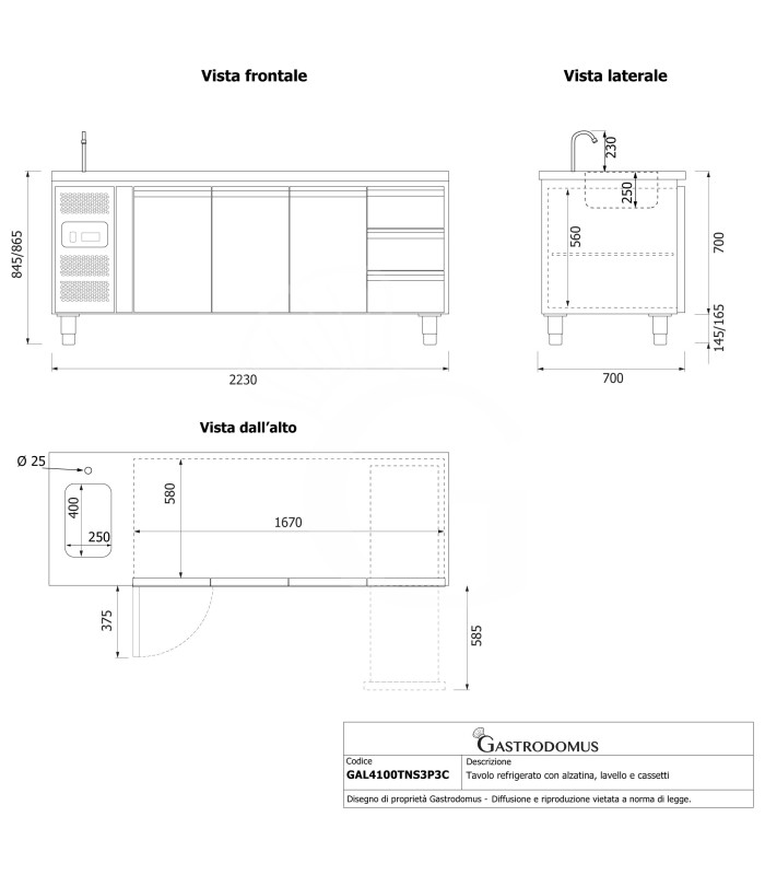 Tavolo refrigerato 3 cassetti a destra, 3 porte, lavello, rubinetto, motore a sinistra, P 700 mm, +2°C/+8°C