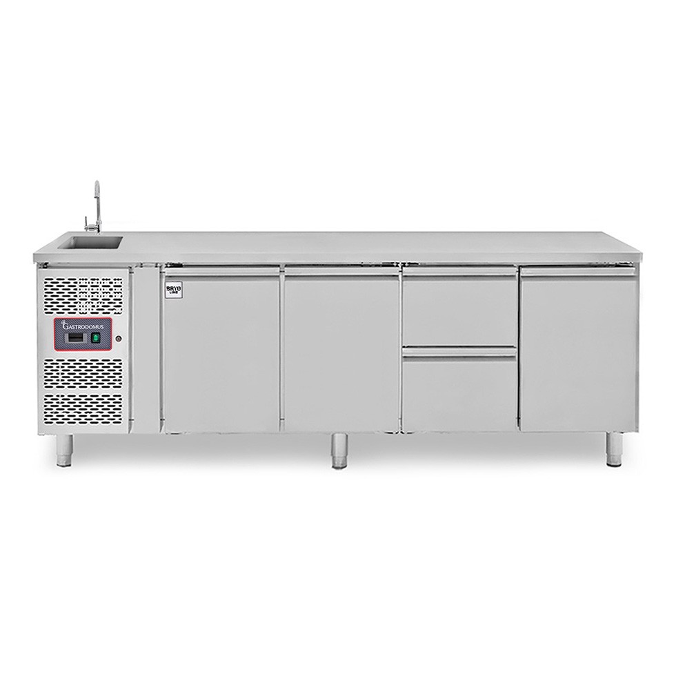 Tavolo refrigerato 2 cassetti centrale destro, 3 porte, lavello e rubinetto, motore a sinistra, P 700 mm, +2°C/+8°C