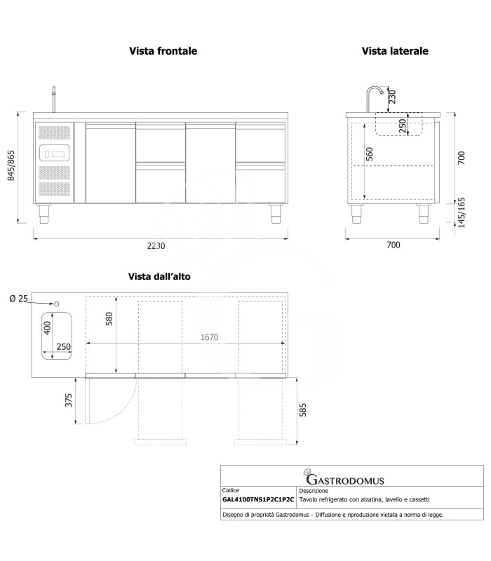 Tavolo refrigerato 4 cassetti, 2 porte, lavello e rubinetto, motore a sinistra, P 700 mm, +2°C/+8°C