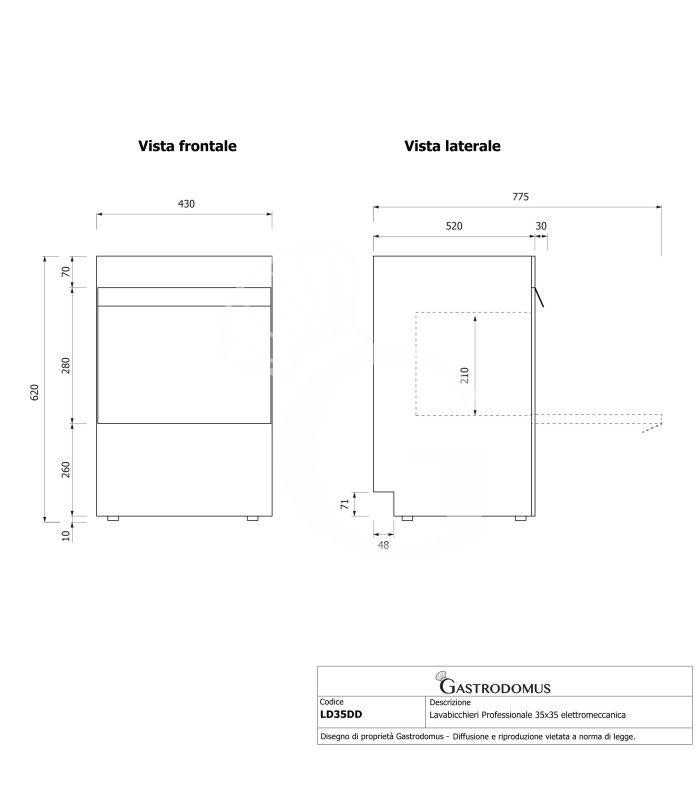 Lavabicchieri Professionale 35x35 H210 elettromeccanica a doppia parete con dosatori brillantante e detergente