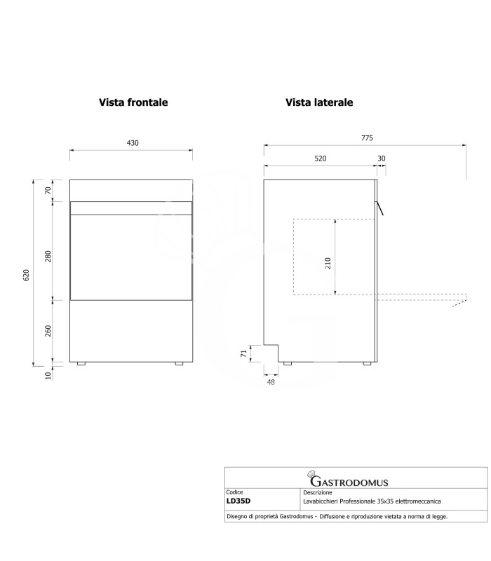 Lavabicchieri Professionale 35x35 H210 elettromeccanica a doppia parete con dosatore brillantante
