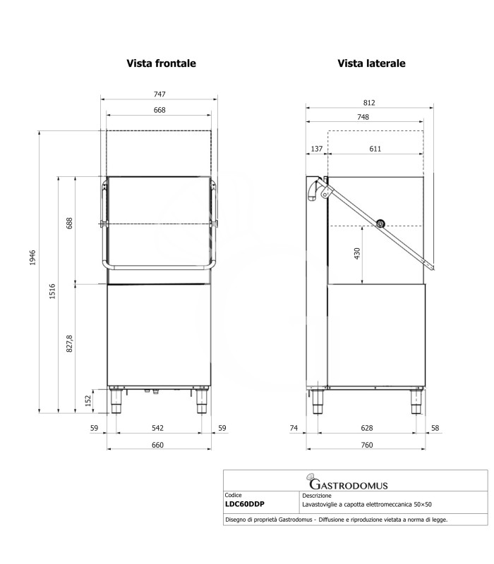 Lavastoviglie a capotta elettronica 50×50 con dosatori brillantante e detergente, pompa di scarico