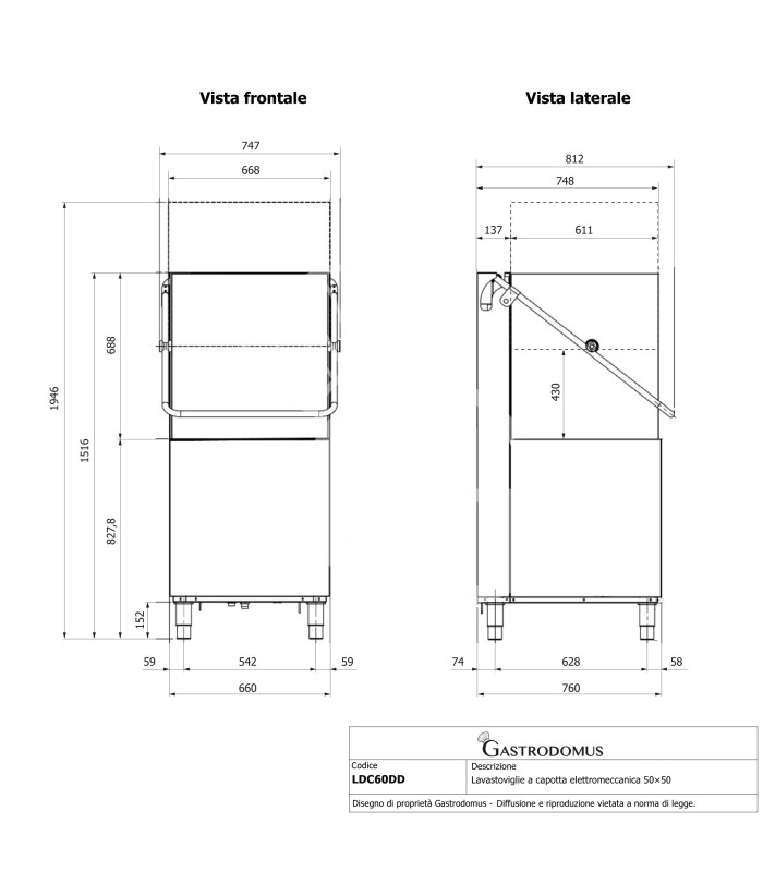 Lavastoviglie a capotta elettromeccanica 50×50 H430 con dosatori brillantante e detergente installati