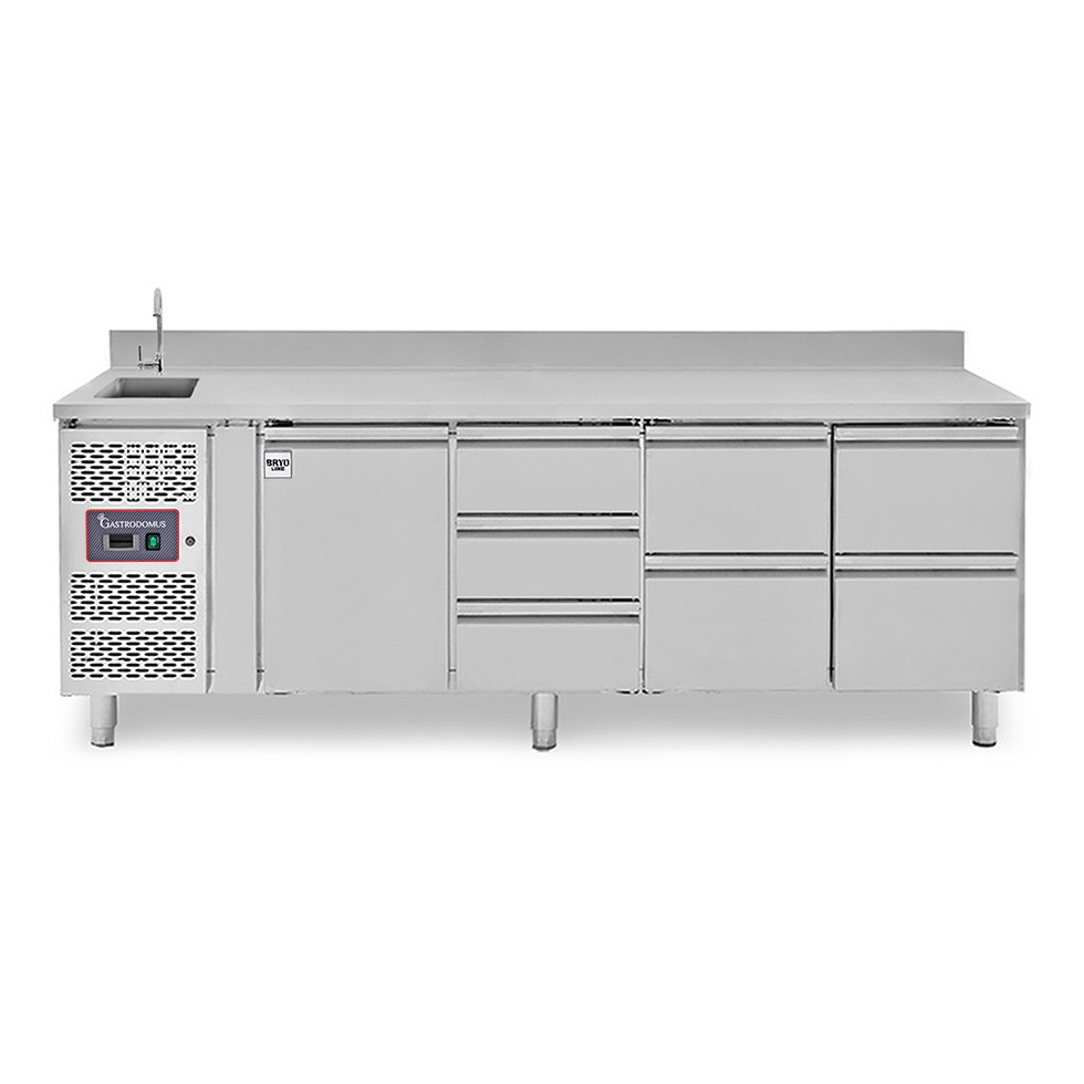 Tavolo refrigerato 1 porta, 7 cassetti, lavello, rubinetto, alzatina, motore a sinistra, P 700 mm, +2°C/+8°C