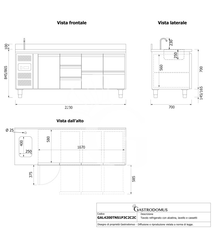 Tavolo refrigerato 1 porta, 7 cassetti, lavello, rubinetto, alzatina, motore a sinistra, P 700 mm, +2°C/+8°C