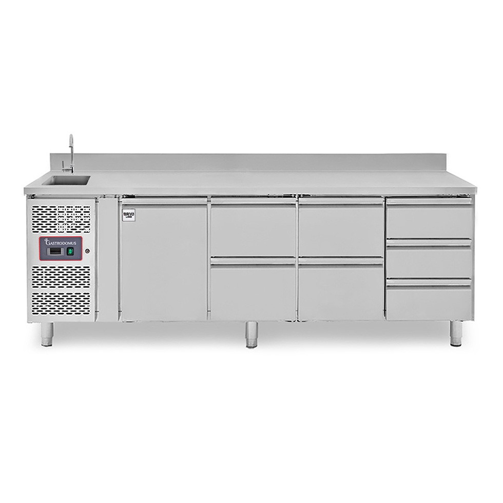 Tavolo refrigerato 7 cassetti, 1 porta, lavello, rubinetto, alzatina, motore a sinistra, P 700 mm, +2°C/+8°C