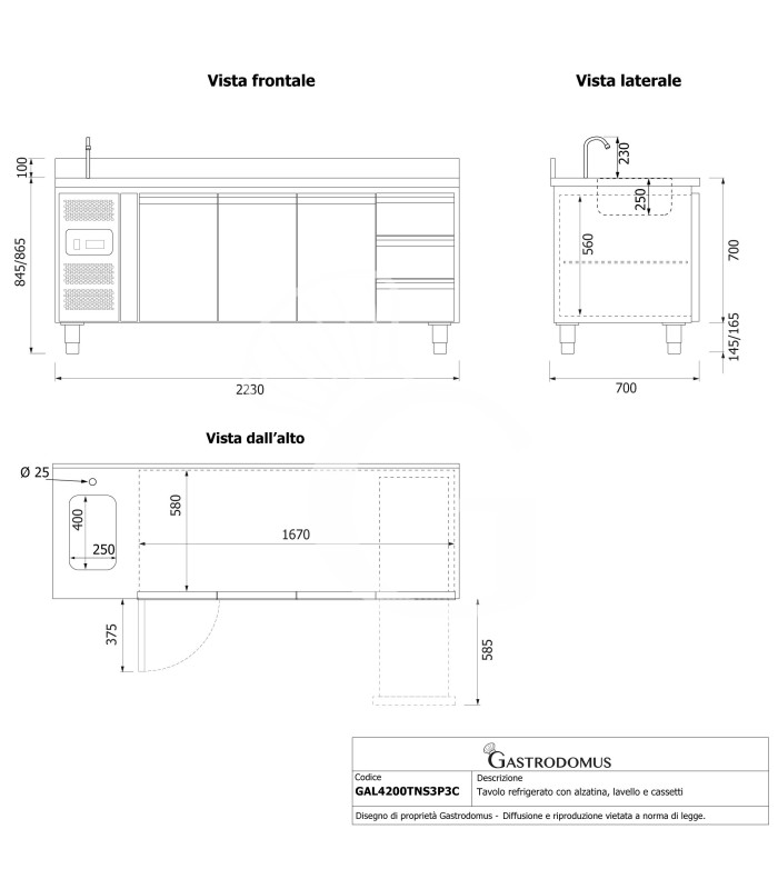Tavolo refrigerato 3 cassetti 3 porte con lavello e alzatina,motore a sinistra Prof. 700 mm, temp. +2°C/+8°C, con rubinetto