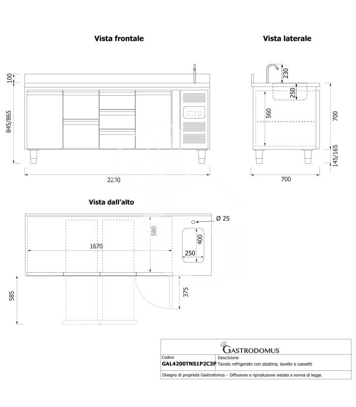 Tavolo refrigerato 5 cassetti 2+3 centrali, 2 porte, lavello, rubinetto, alzatina, P 700 mm, +2°C/+8°C
