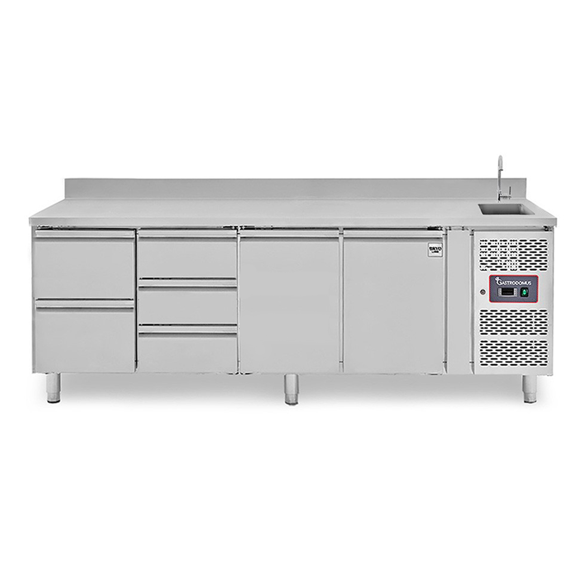 Tavolo refrigerato 5 cassetti 2+3 a sinistra, 2 porte, lavello, rubinetto, alzatina, P 700 mm, +2°C/+8°C
