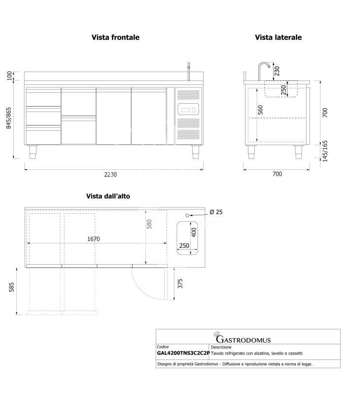 Tavolo refrigerato 5 cassetti 3+2 a destra, 2 porte, lavello, rubinetto, alzatina, P 700 mm, +2°C/+8°C