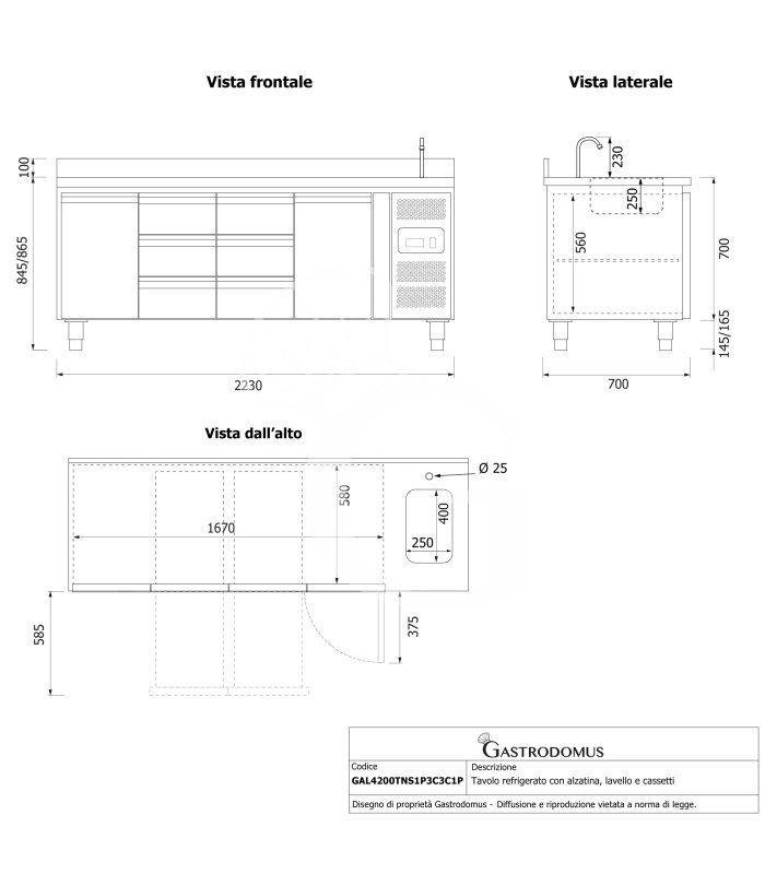 Tavolo refrigerato 6 cassetti centrali, 2 porte, lavello, rubinetto, alzatina, P 700 mm, +2°C/+8°C