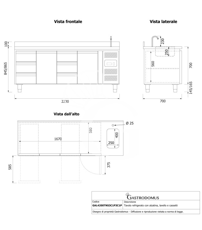 Tavolo refrigerato 6 cassetti + 2 porte alternati, lavello, rubinetto, alzatina, P 700 mm, +2°C/+8°C