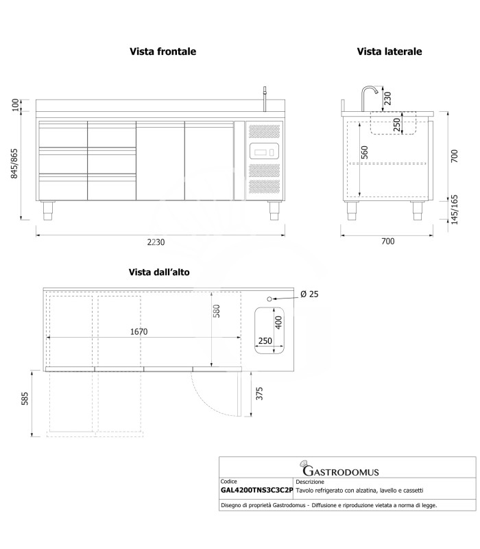 Tavolo refrigerato 6 cassetti a sinistra, 2 porte, lavello, rubinetto, alzatina, P 700 mm, +2°C/+8°C